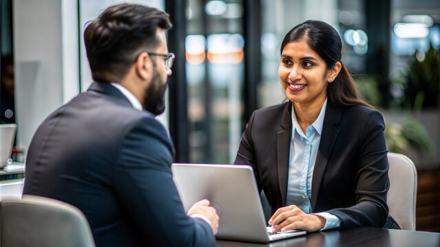 An Indian HR manager interviewing a candidate in a modern office setting.	
