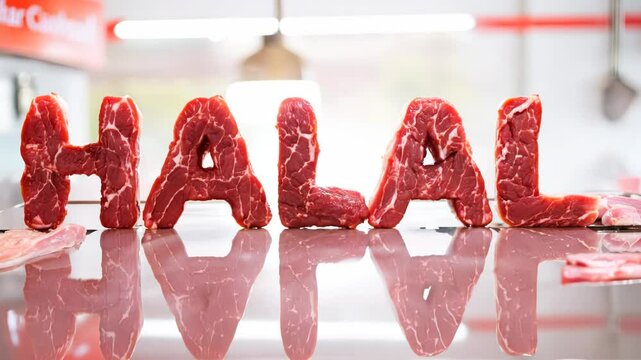 The inscription "Halal" appears in the form of pieces of meat against the background of the kitchen. The concept of the halal industry.