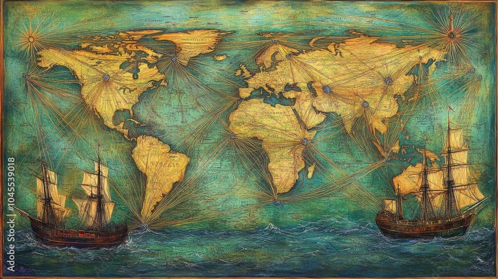 Poster a world map with vivid connecting lines, depicting trade networks and shipping routes that span the 
