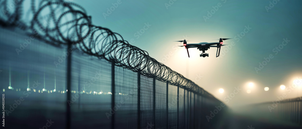 Wall mural A drone patrols a border fence topped with barbed wire, illuminated by bright spotlights against a hazy evening sky