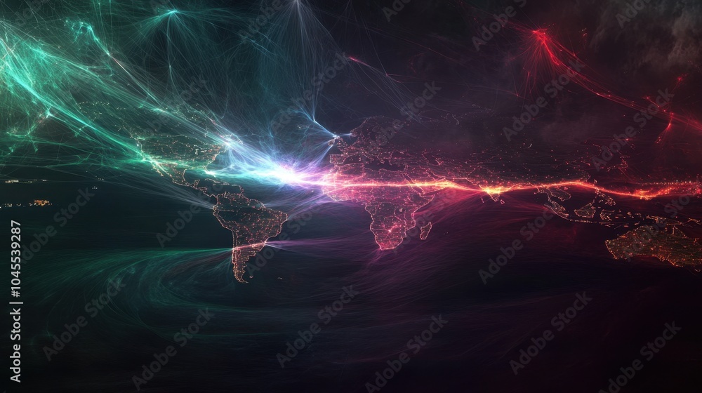 Poster a world map with vivid connecting lines, depicting trade networks and shipping routes that span the 