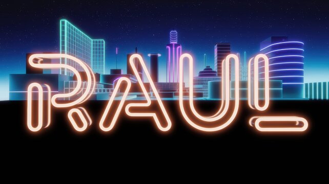Neon Cityscape: Vibrant illuminated signage with the name 'RAUL' against a stylized urban skyline, perfect for nightlife themes.