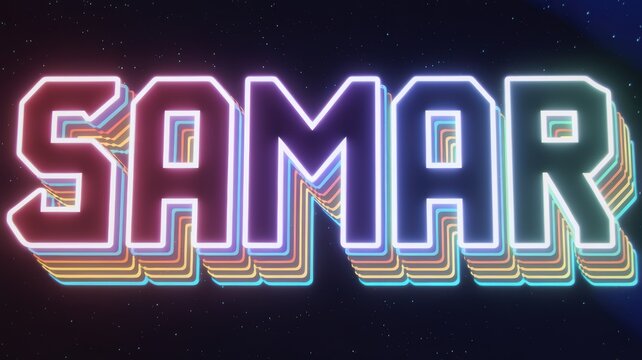 Retro Neon Text: The word 'SAMAR' in vibrant colors against a cosmic background, perfect for graphic design projects.