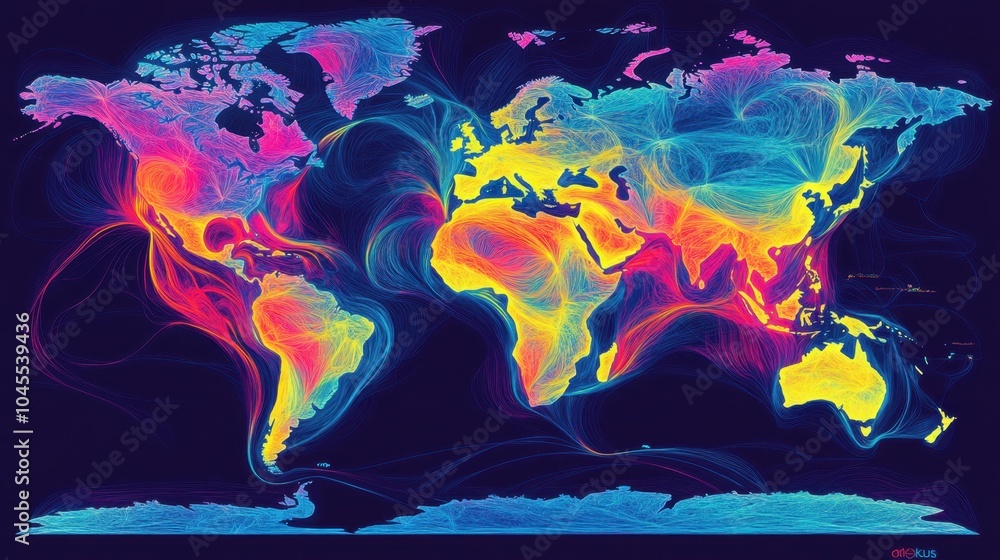 Poster a world map with vivid, glowing lines representing the intricate trade routes connecting global econ