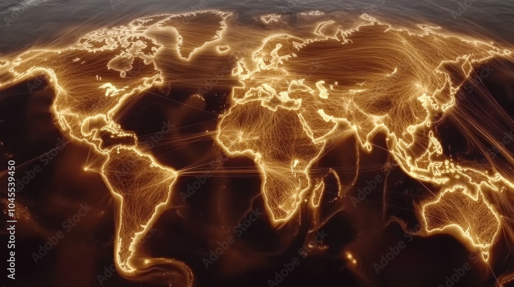 Poster a world map with vivid, glowing lines representing the intricate trade routes connecting global econ