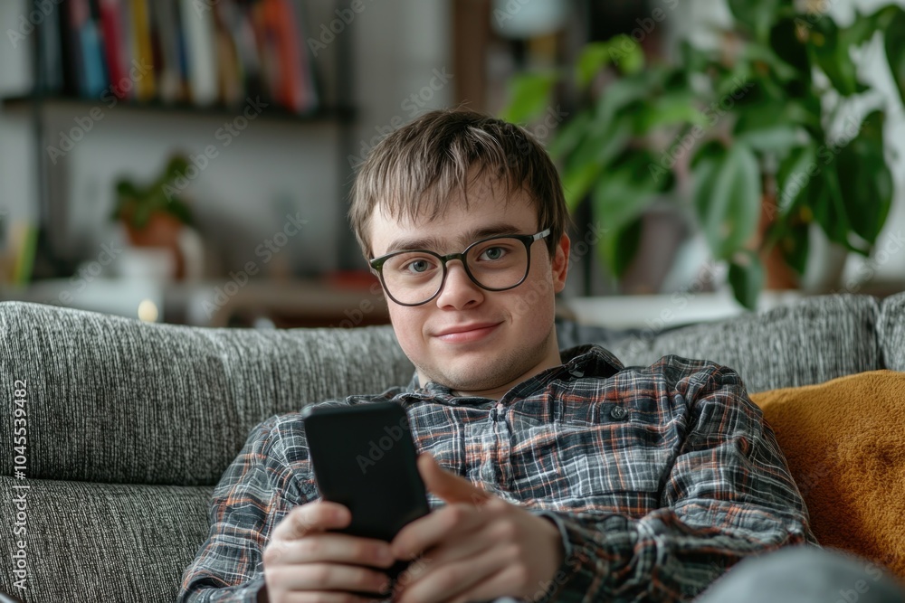 Poster a person sitting on a couch holding a cell phone, possibly checking messages or making a call