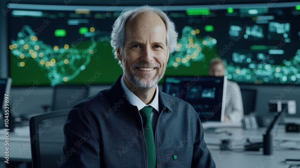 Poster confident businessman smiling in modern office with data visualization display