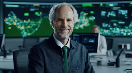 Fototapeta premium Confident Businessman Smiling In Modern Office With Data Visualization Display