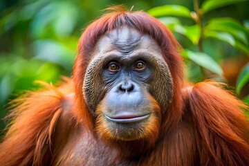 Fototapeta premium Close-up of an Orangutan Gazing at the Camera, Showcasing Its Beauty and Intelligence in a Natural Setting.