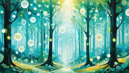 A magical forest scene filled with vibrant trees and ethereal glowing orbs, creating a whimsical atmosphere. Perfect for fantasy and nature-themed projects