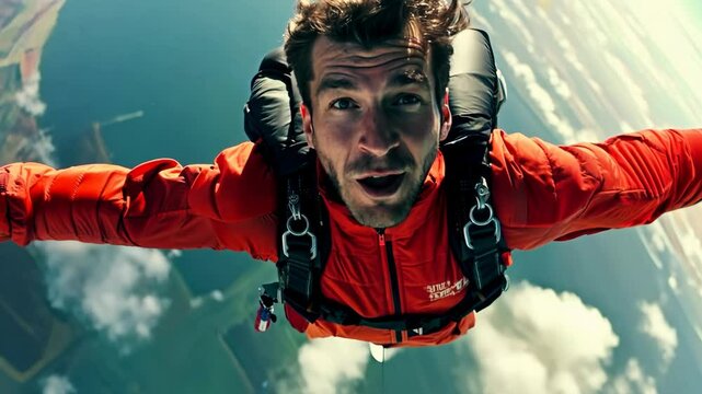 A man is jumping out of a plane with his arms outstretched. He is wearing an orange jacket and a black backpack