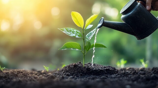 Hand Watering a Young Plant Symbolizing Talent Development and Nurturing Growth - Powered by Adobe