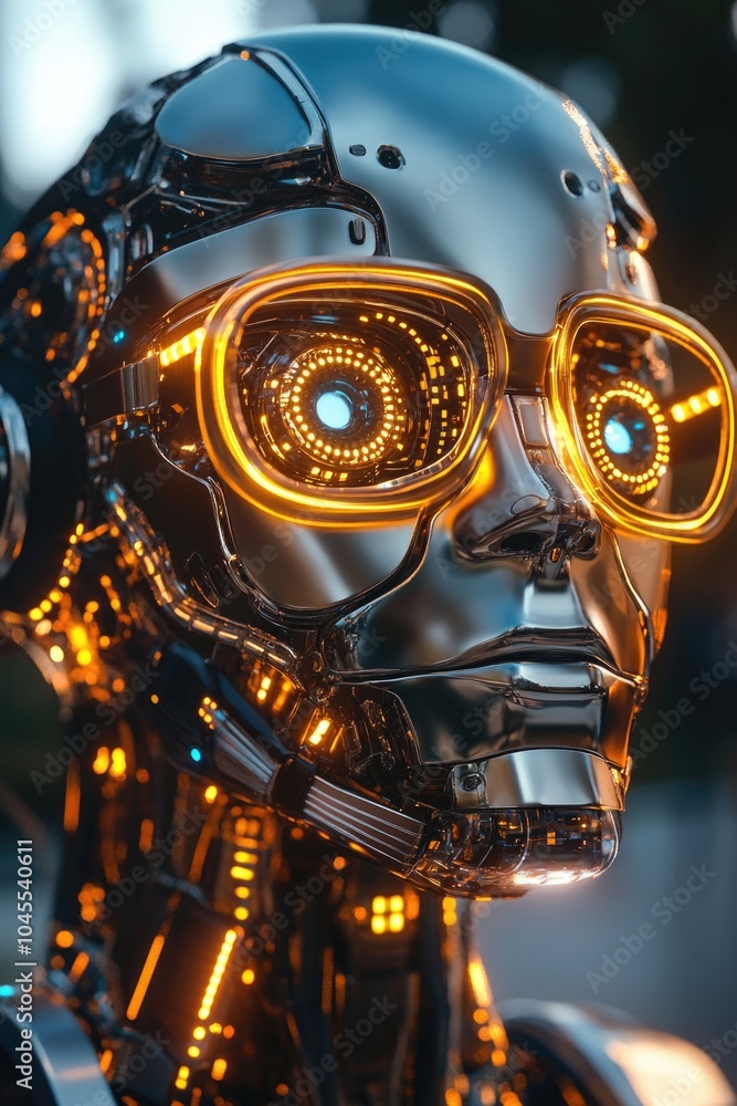 Poster Close-up image of a robot's face with glowing glasses, ideal for use in sci-fi or technology related contexts