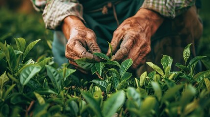 Fototapeta premium Close up of farmer's hands picking tea leaves in the garden.