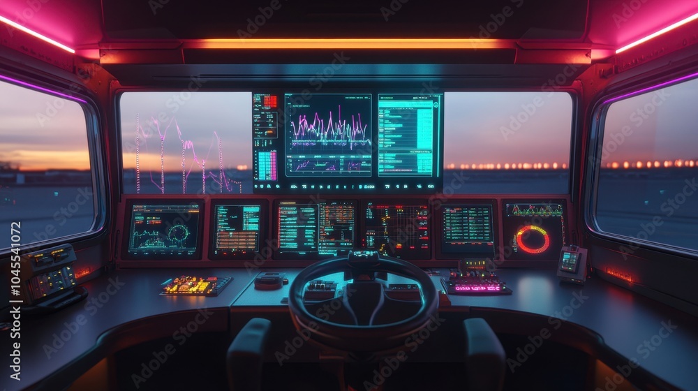Poster dispatch center with a large screen tracking real-time global shipments, vehicle movements, and traf