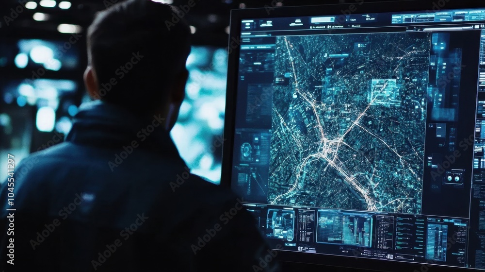 Poster dispatch center with a large screen tracking real-time logistics flows, vehicle locations, and route