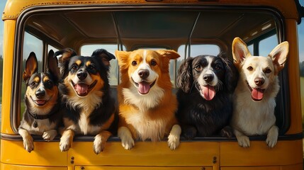 Dog breeds students school bus happy face, cute dogs kindergarten bus leaving, pet school