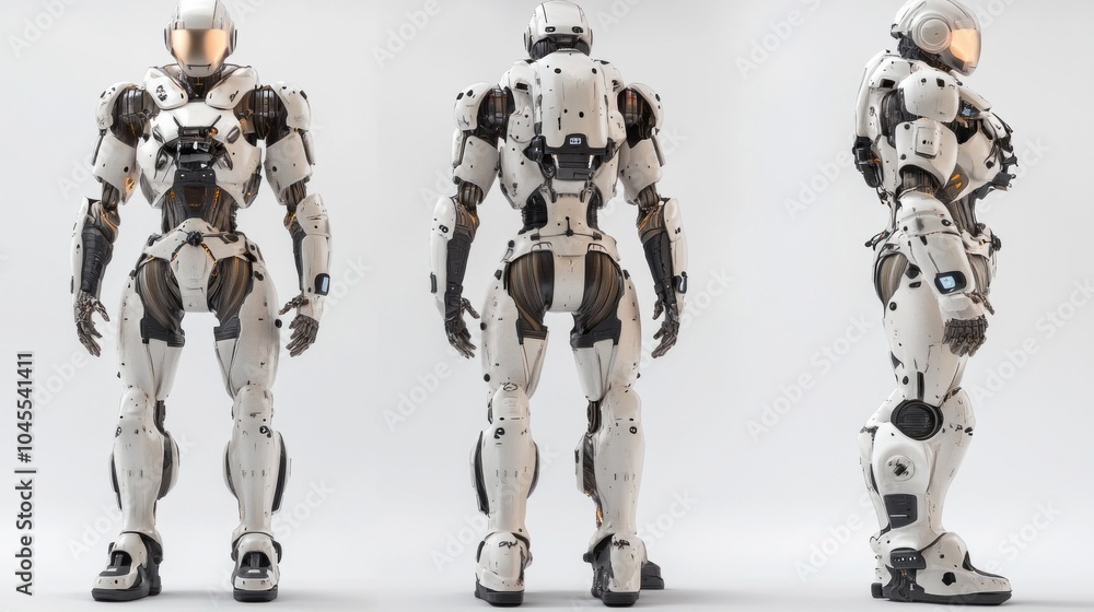 Poster a white robot is shown in three different angles