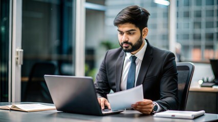 An Indian accountant analyzing financial statements and preparing reports in an office.	
