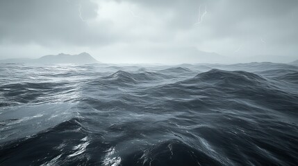 Fototapeta premium A stormy sea with dark, choppy waves and lightning in the distance.
