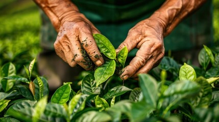 Close up of farmer's hands picking tea leaves in the garden.