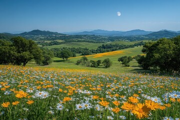 A vibrant landscape featuring a field of flowers under a clear blue sky with mountains.