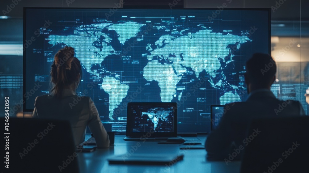 Poster dispatch room with a large screen showing live vehicle tracking and logistics movements across inter