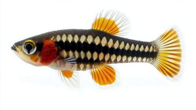 striking Clown Killifish displays its vibrant markings and distinct features against a clean white background highlighting its beauty and charm.