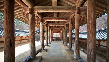 Obraz premium Pillars and rafters of traditional Korean wooden architecture