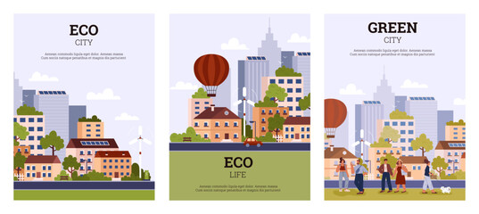 Obraz premium Set of vector illustrations city park with a wind farm in an ecologically clean city