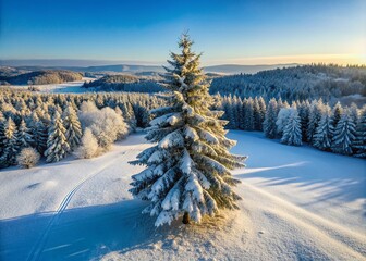 Obraz premium Aerial View of a Bald Christmas Tree Surrounded by Winter Landscape and Snowy Forest