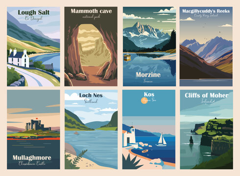 Set of Vintage Travel Posters, National Park Art Prints Nature Wall Art and Mountain Print Set Abstract Travel for Hikers Campers Living Room Decor. Vector illustration colorful