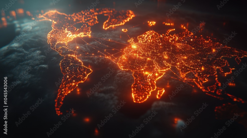 Poster Global map with glowing trade lines running between cities, representing the flow of commerce across continents.