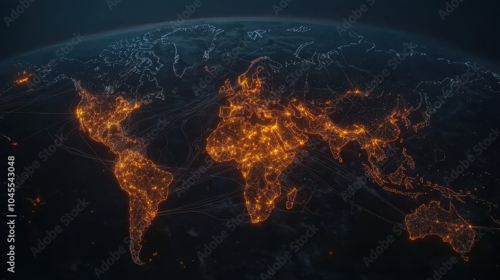 Poster Global map with glowing trade lines running between cities, representing the flow of commerce across continents.