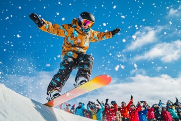 A snowboarder gracefully performs a trick in fresh snow. The bright colors of their outfit stand out against the blue sky. Exciting action and energy captured here. Generative AI