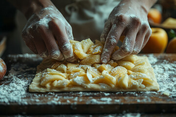 A person rolling out dough for apple turnovers, with soft autumn light illuminating the kitchen,