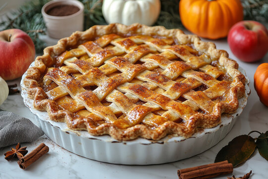 A rustic pie with a lattice crust, cooling on a kitchen counter, with fall ingredients like cinnamon, apples, and pumpkins nearby, - Powered by Adobe