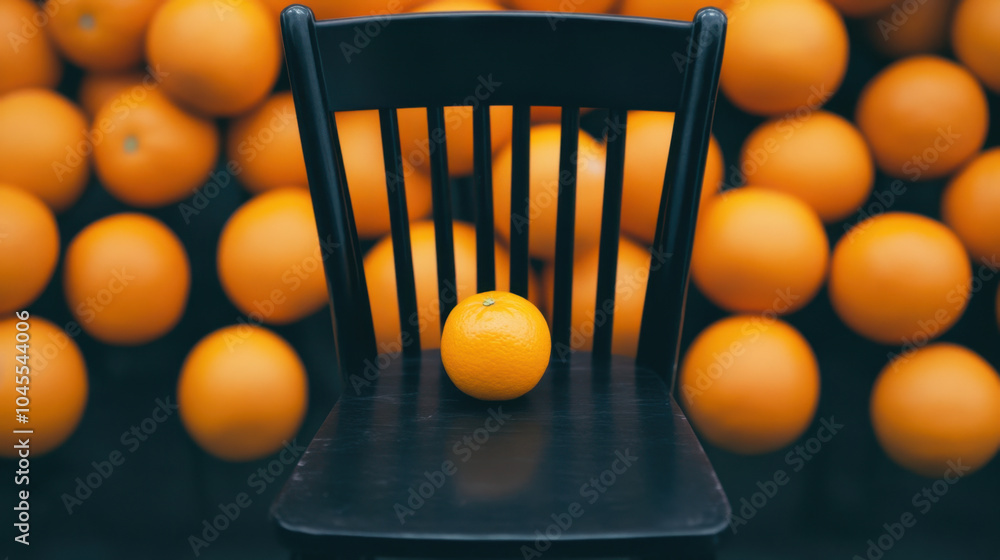 Poster a black chair with an orange resting on it, surrounded by a background of oranges, creating a vibran