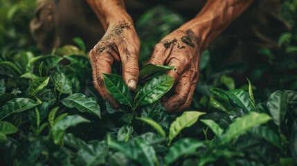 Close up of farmer's hands picking tea leaves in the garden.