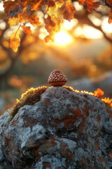 A lone acorn resting on a moss-covered rock beneath a majestic oak, bathed in the soft glow of an autumn afternoon,