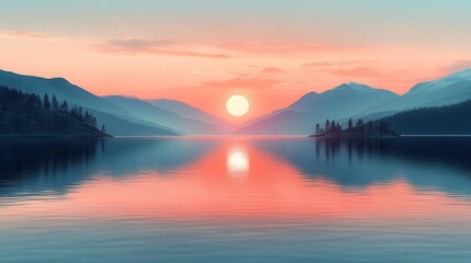 minimalistic vector illustration of a serene sunrise over a calm lake capturing tranquility with soft pastel colors and simplistic design elements