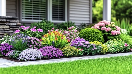 A vibrant flower bed with a variety of colorful blooms in front of a suburban house.