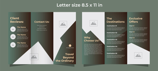 Trifold brochure template for travel compagny in green and brown gradient colors