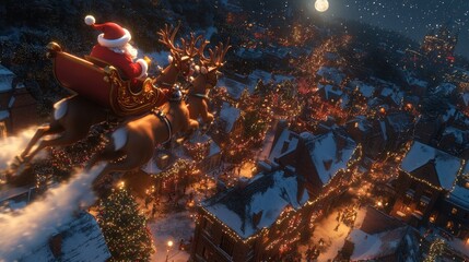 Santa and his reindeer team flying over a snow-dusted city, sleigh bells ringing and moonlight above.