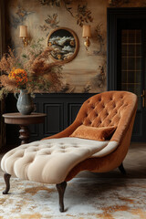 A velvet chaise lounge draped with silk fabrics in a room with gold accents, showcasing the ultimate luxury of fine textures and materials,