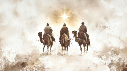 Three wise men travel on camels towards the star of Bethlehem, symbolizing the birth of Jesus in soft beige tones and watercolor style