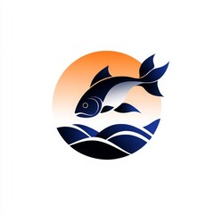 Obraz premium Fish Logo Design with Ocean Waves and Sunset
