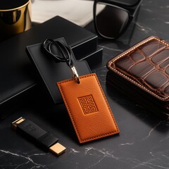 Luxury Leather Key Chain with Pattern and Gold Accents