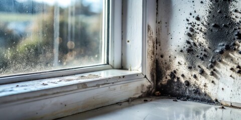 Obraz premium A close-up view of a white window frame with dark mold growing on the wall and windowsill. The mold is in the corner of the window and looks damp and unhealthy.