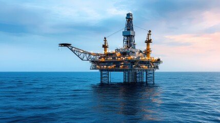 Offshore Oil Rig at Dusk with Illuminated Structure